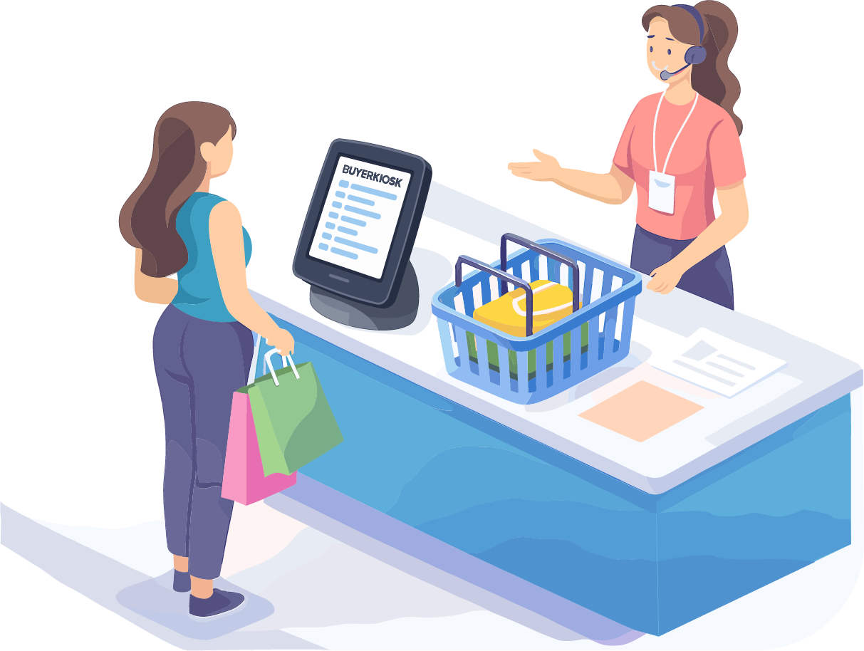 Customer using BuyerKiosk sign-in tablet