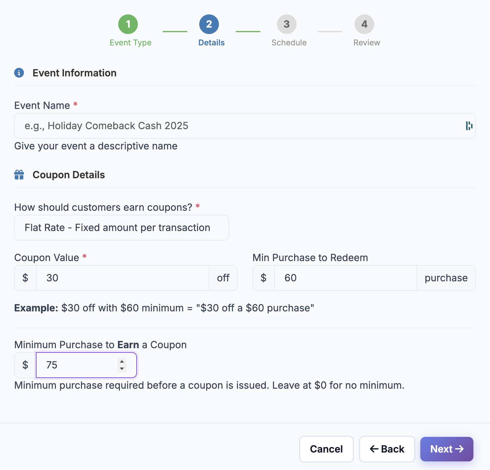 Comeback Cash campaign wizard with coupon details and earning rules