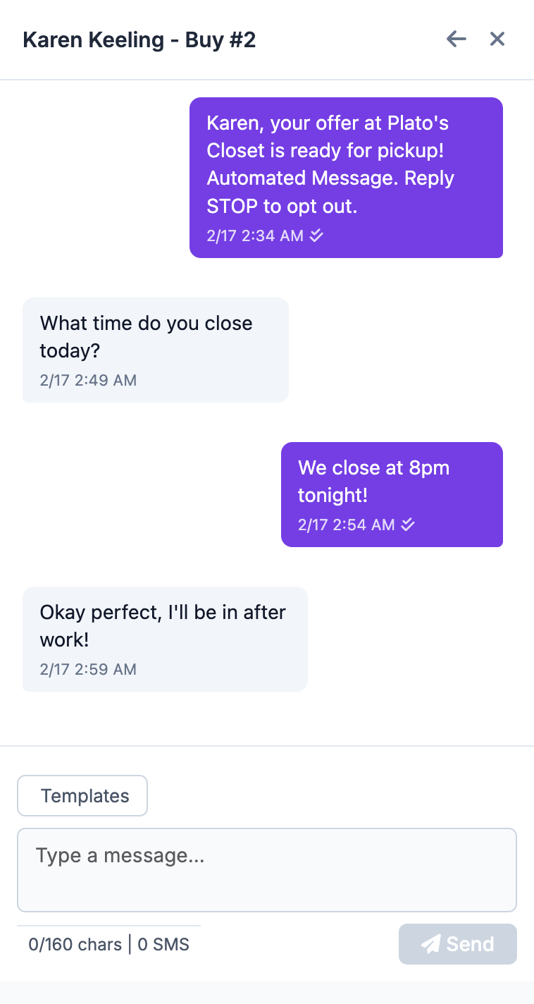 Two-way customer SMS chat showing a conversation about store hours