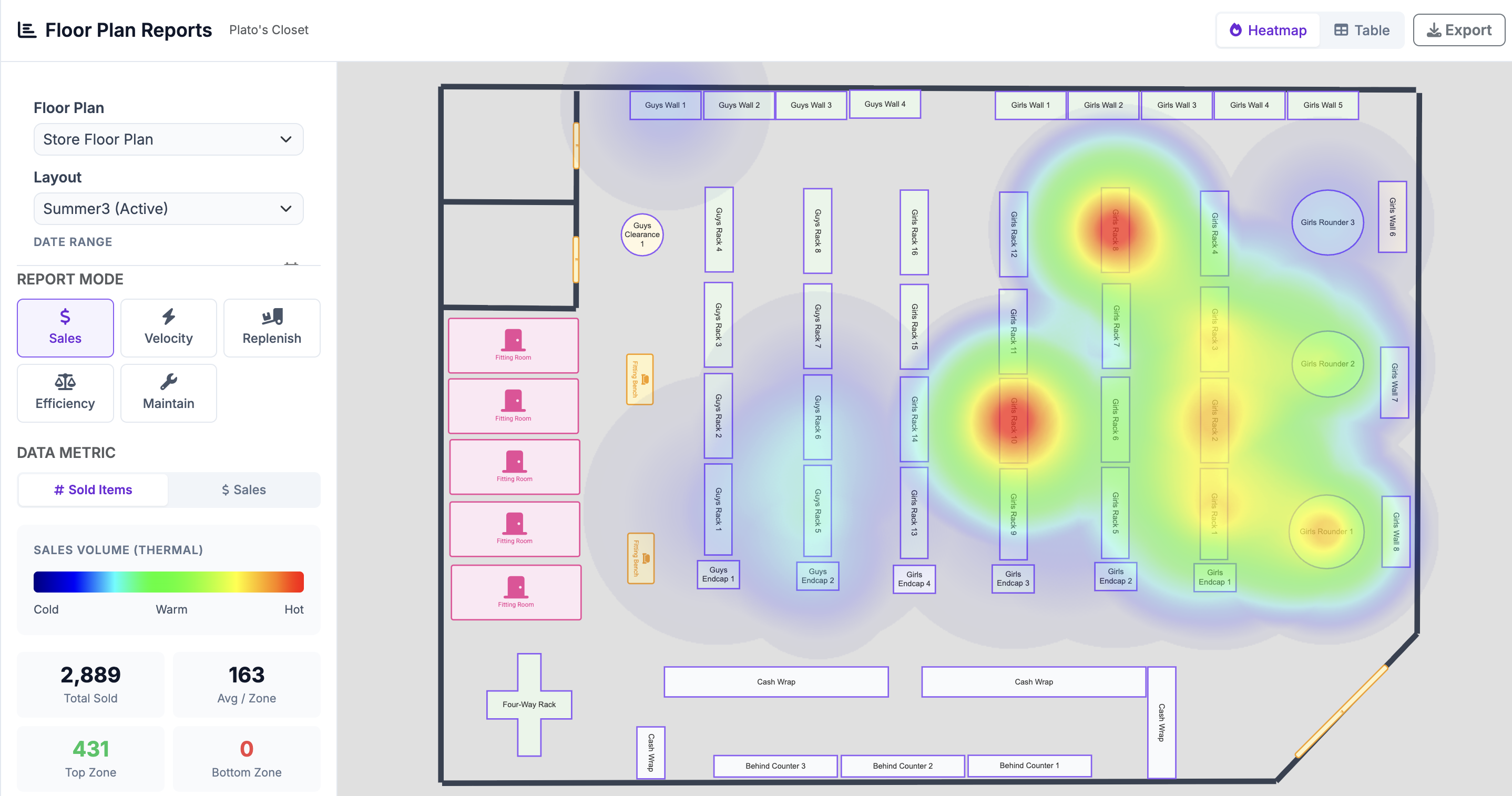 Floor plan designer with sales heatmap overlay