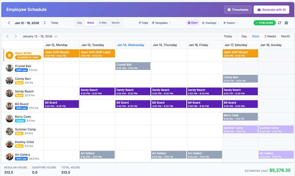 Team+ scheduling calendar with AI-generated schedule