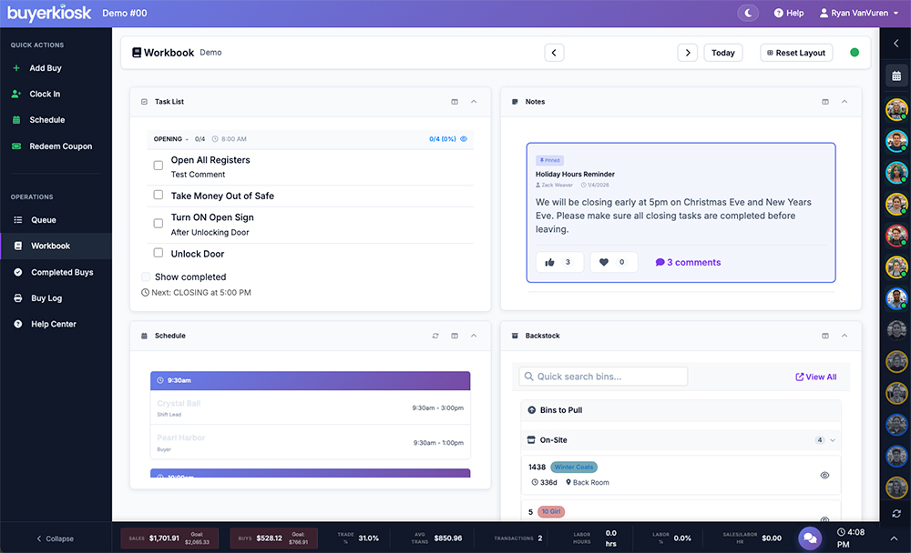 Workbook operations hub showing queue and schedule panels